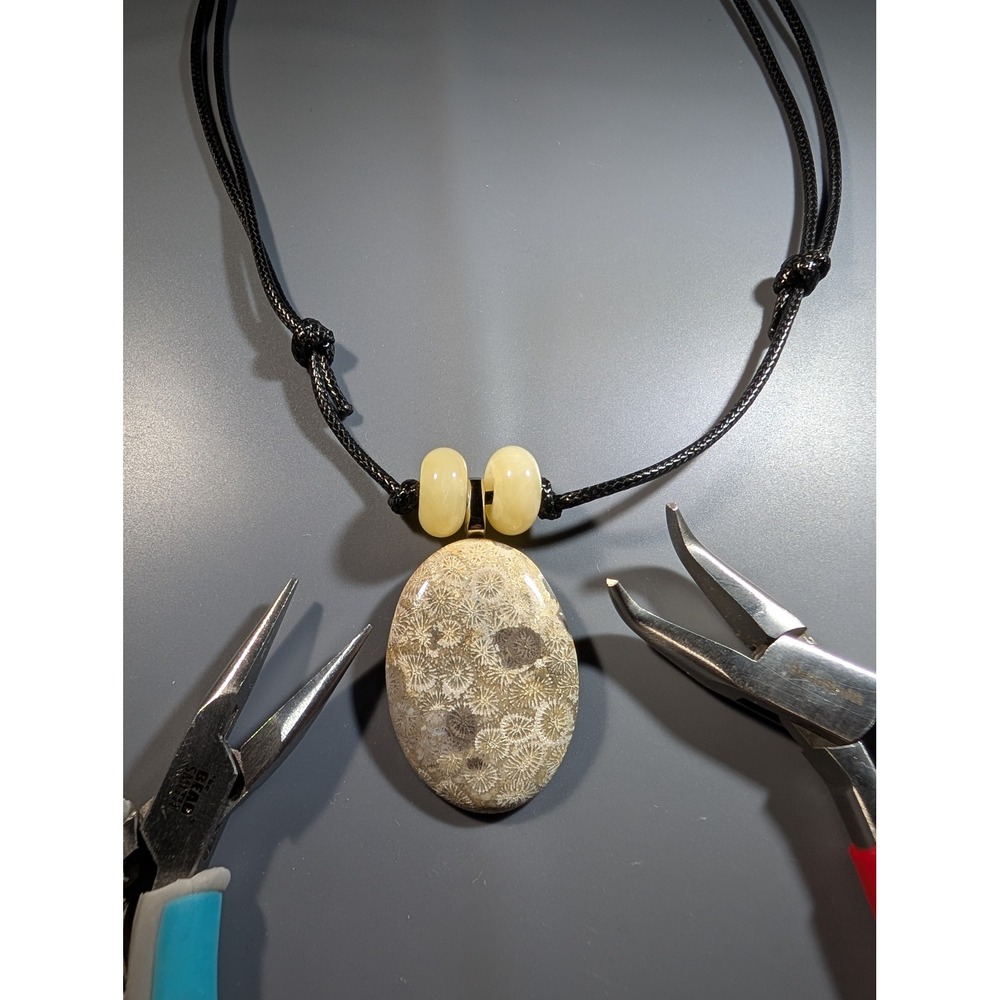 Fossilized Coral Pendant Necklace Adjustable Black Cord Boho Earthy Jewelry